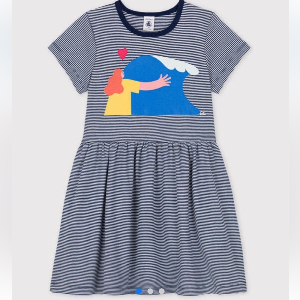PETIT BATEAU X WATER FAMILY GIRLS' DRESS Striped Kids Dress with Wave Print
